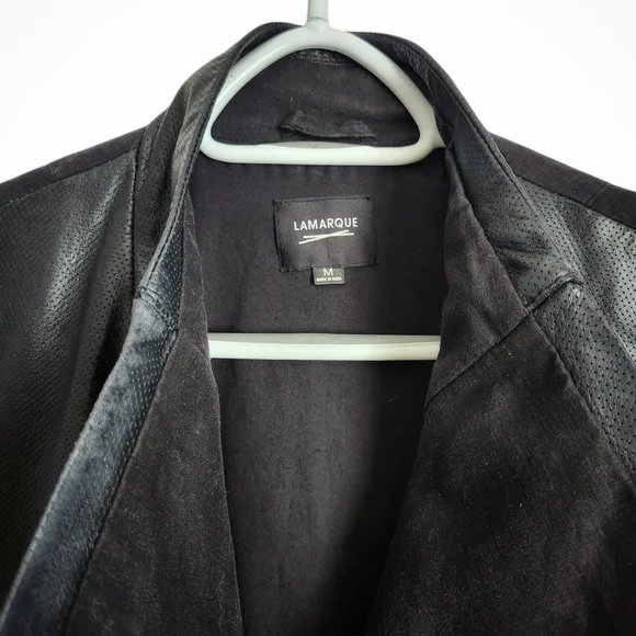 Lamarque Black Leather and Linen Jacket Draped Moto - Picture 3 of 6